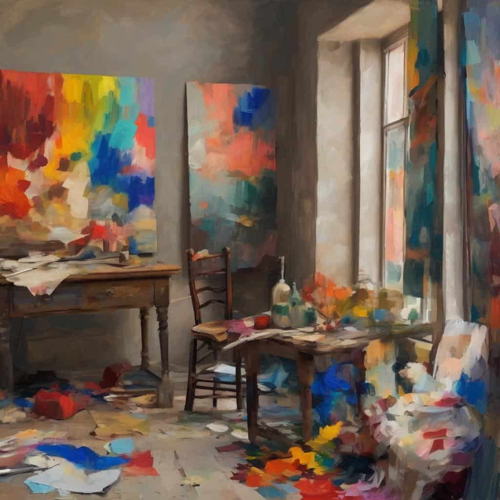 Ανθρώπινη δημιουργική ατμόσφαιρα σε στούντιο ζωγραφικής με πολύχρωμα έργα και εργαλεία τέχνης.