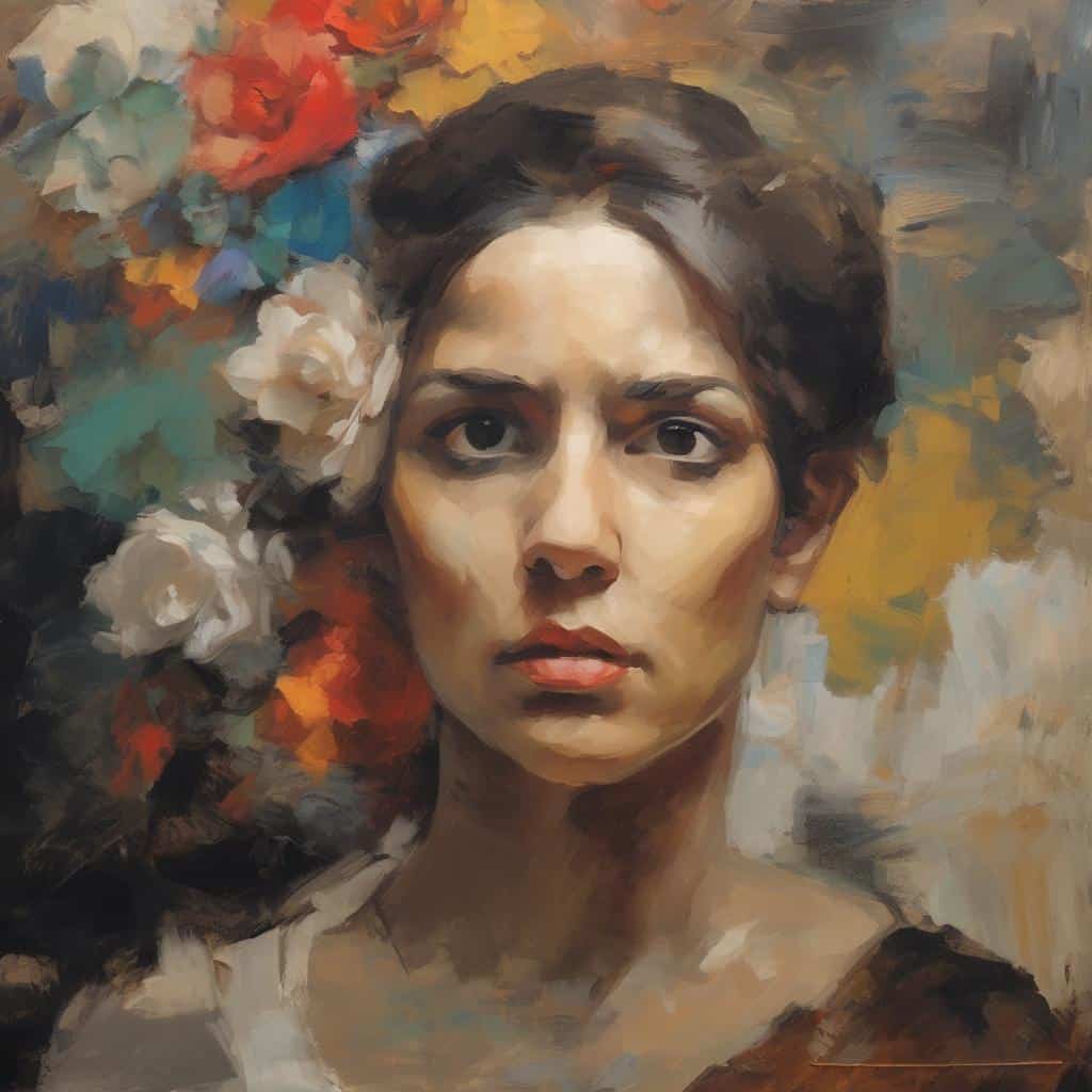 Οπίσθιο αέριο πορτρέτο γυναίκας με φόντο πολύχρωμα λουλούδια, ψηφιακή ζωγραφική με έμφαση στα ζωντανά χρώματα και την εκφραστικότητα, δημιουργώντας αίσθηση βάθους και συναισθηματικής έντασης.