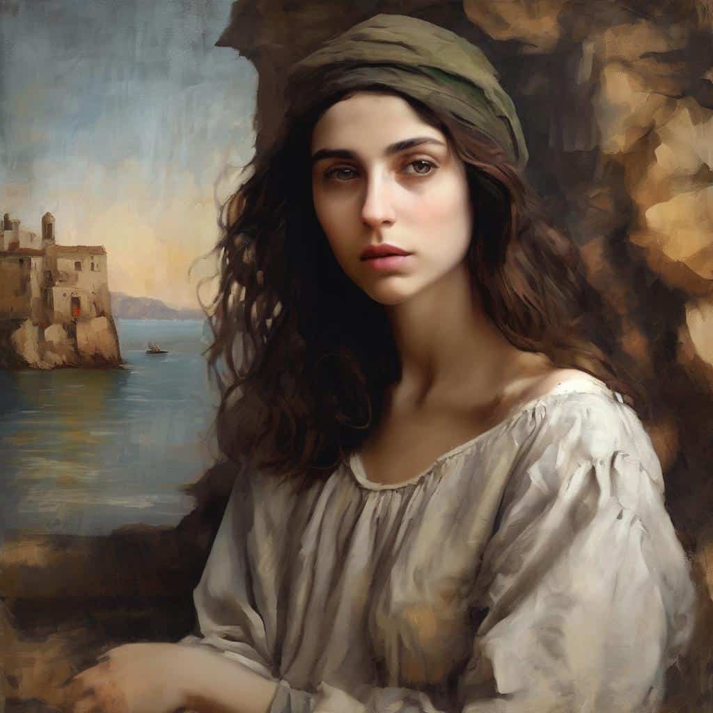 Ονειροπόλα νεαρή γυναίκα με μακριά καστανά μαλλιά, φορώντας ελαφριά ρούχα και πράσινο μαντήλι, σε ρεαλιστικό πορτρέτο με ιστορικό τοπίο κοντά στη θάλασσα και αρχαία κτίρια στον ορίζοντα, εμπνευσμένο από την τέχνη και τη ζωή.