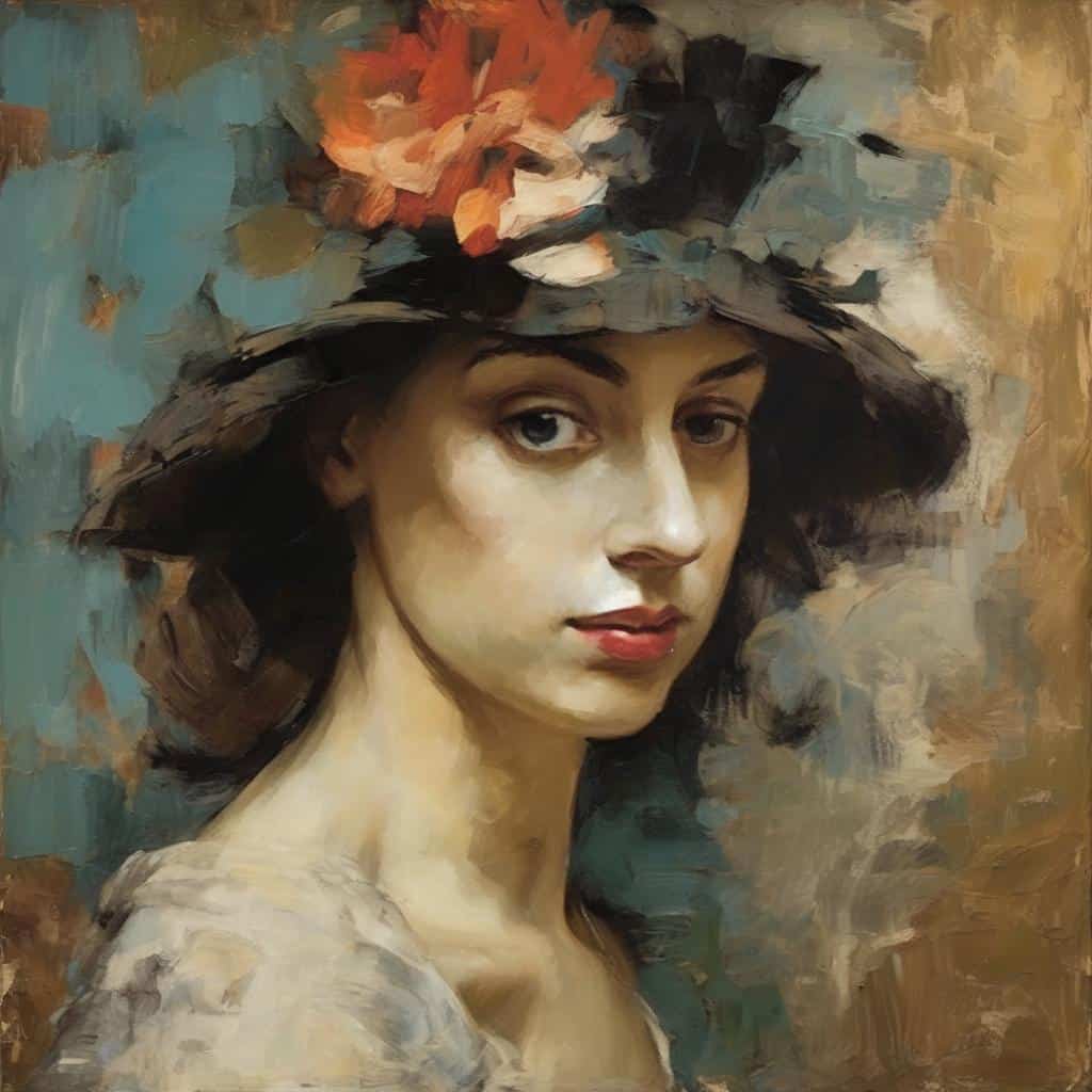Freshly Painted Portrait of a Young Woman Wearing a Stylish Hat with a Red Flower, Part of an Artistic Series on Art History and Biographies of Artists and Masterpieces, highlighting portrait artistry and vibrant brushstrokes.