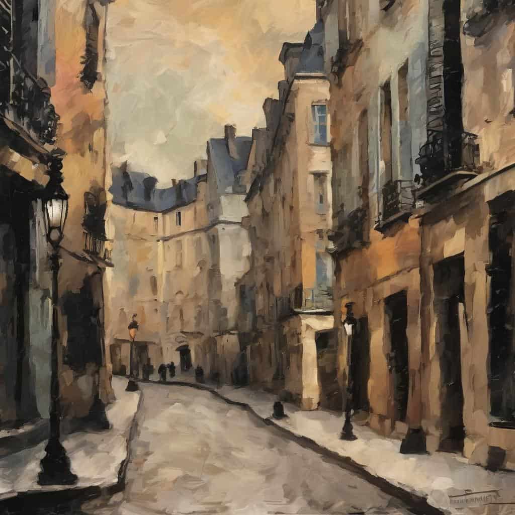 Αντικατοπτρισμός παλιάς πόλης με γραφικά κτίρια και φωτιστικά δρόμου.