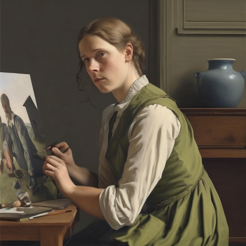 Ζευγάρι νεαρών γυναικών δημιουργεί πορτρέτο σε στούντιο ζωγραφικής, με παραδοσιακό στυλ και λειτούργικό περιβάλλον, σε εκπαιδευτικό ή καλλιτεχνικό χώρο.