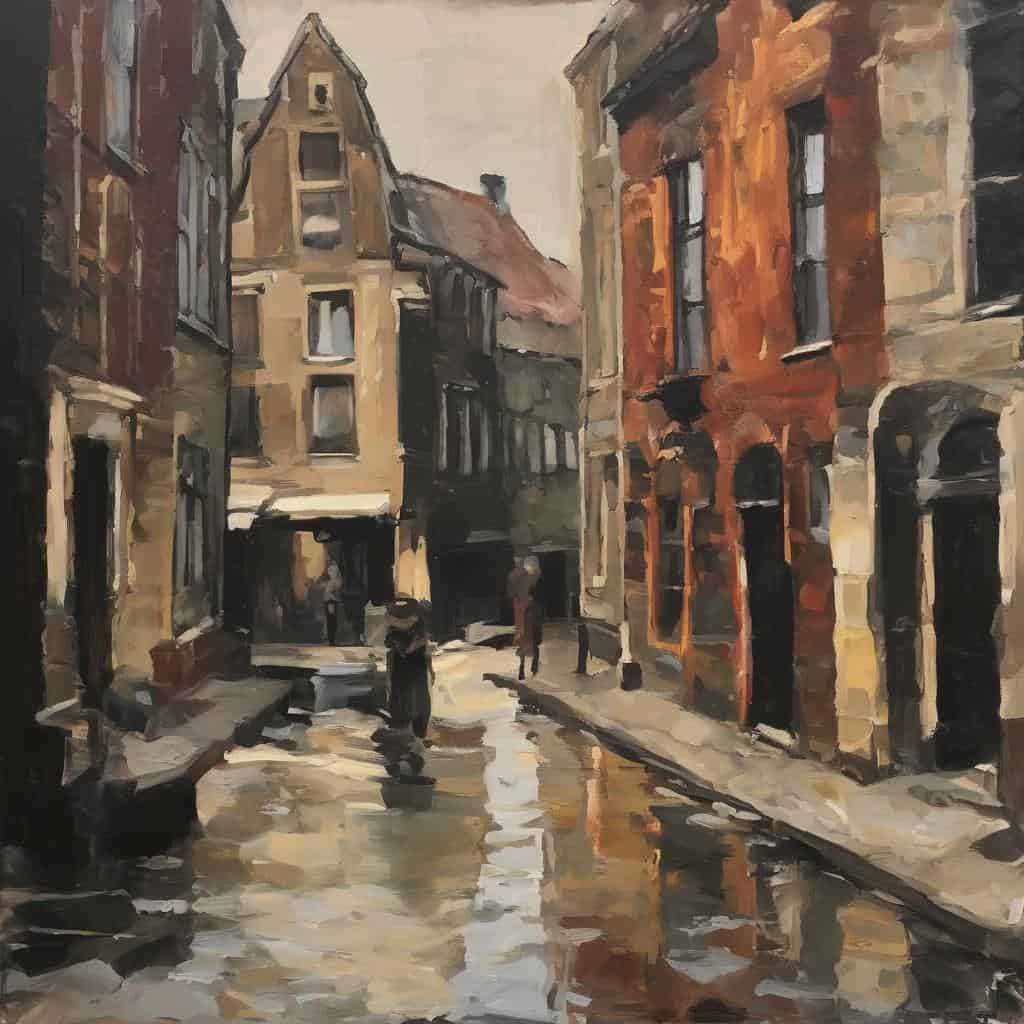 Ζωγραφική εικόνα ενός γραφικού δρόμου με παλιά κτίρια και βροχή, εμπνευσμένη από την τέχνη του Christiaan van Pol.
