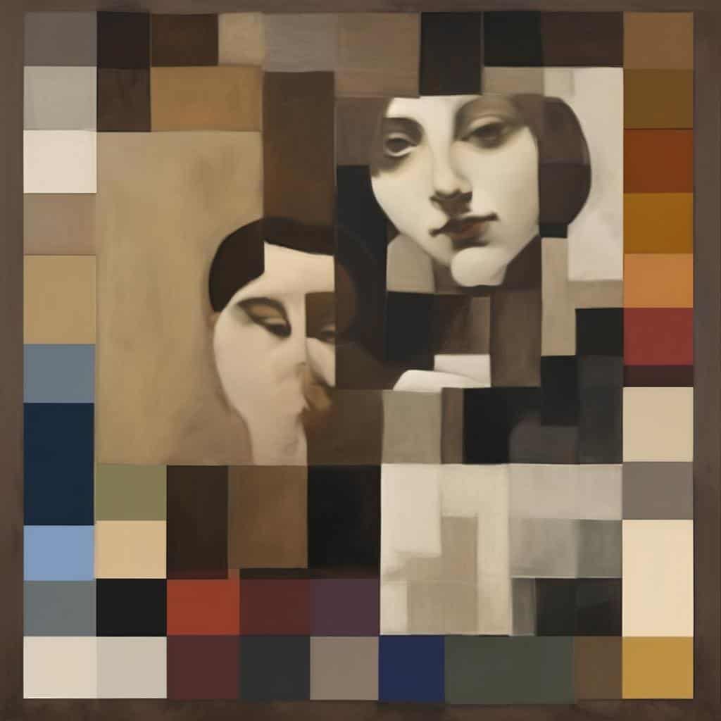 Ανθρώπινα πρόσωπα σε αφηρημένο, γεωμετρικό στυλ με έντονα χρώματα και σκιές, δημιουργώντας μια δυναμική και εκφραστική σύνθεση.