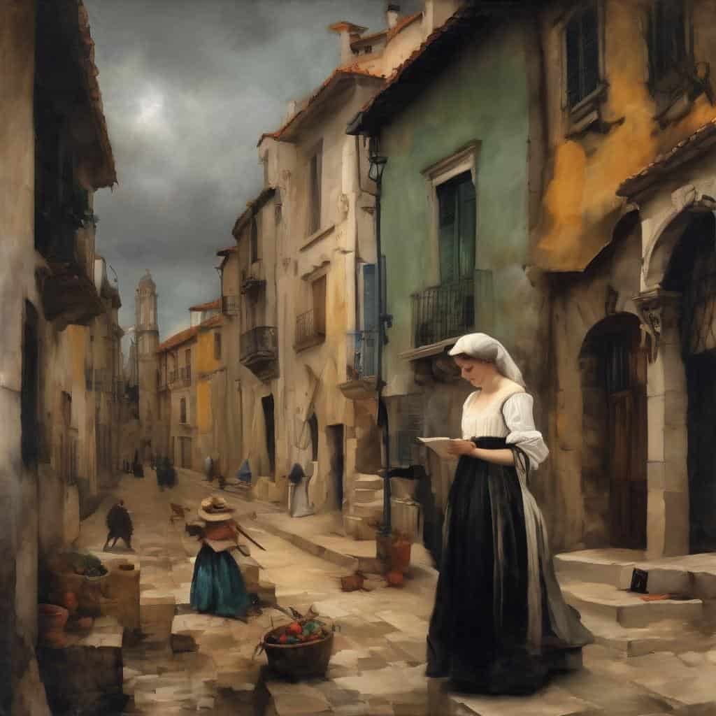 Παραδοσιακή γκραβούρα ελαιογραφίας με σκηνή από την ιστορία της τέχνης, απεικονίζει μια γυναίκα σε μια πλακόστρωτη παλιά πόλη με πολύχρωμα σπίτια και γκρίζο ουρανό.