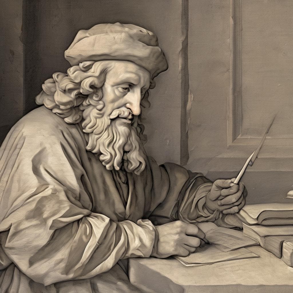 Ανδριανός ήρωας, διαλογισμός και γραφή σε σκίτσο με στυλ αναπαράστασης, στον τοίχο.