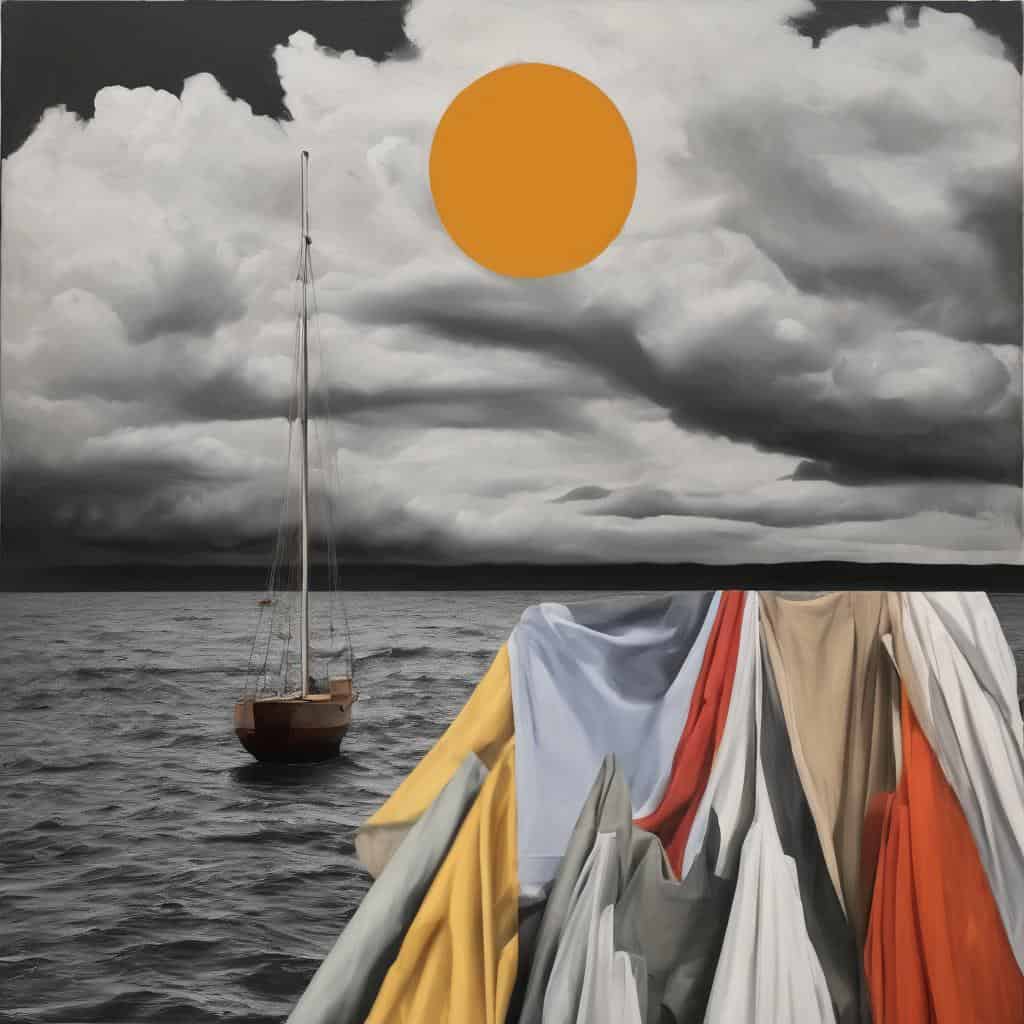 Μπλε και λευκά ρούχα απλώνονται σε σκηνές σε πρώτο πλάνο, με θάλασσα και καταιγιστικό ουρανό με σκούρα σύννεφα και μεγάλο πορτοκαλί ήλιο στο βάθος.