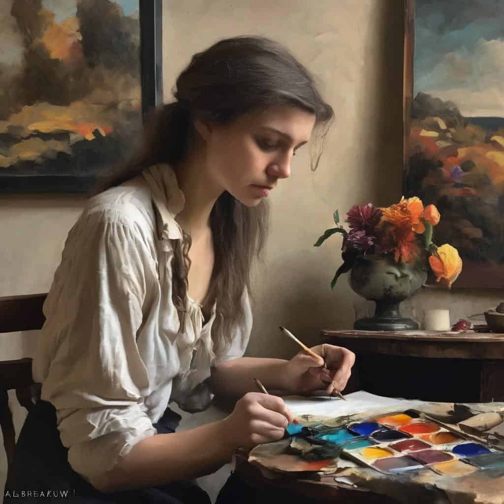 Γυναίκα ζωγράφος εργάζεται στο στούντιο της, με παλέτα και πινέλα, περιτριγυρισμένη από έργα τέχνης και λουλούδια.