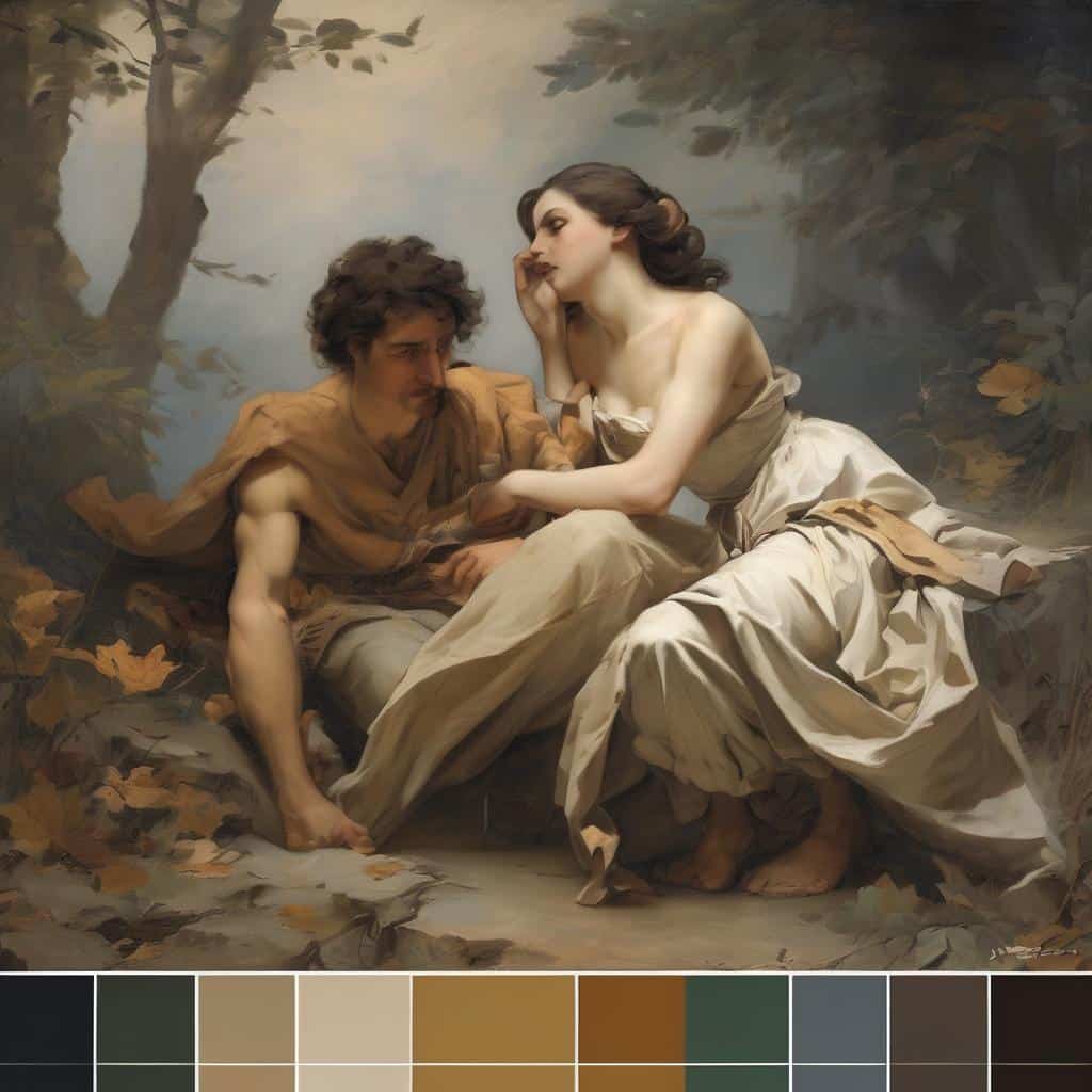 Ζεύγος ερωτευμένων γυναικών σε ρομαντική σκηνή, με ένα φυσικό τοπίο και δέντρα, σε κλασικό ρεαλιστικό στυλ, δημιουργικό έργο τέχνης που αναδεικνύει την ομορφιά και την ευαισθησία.